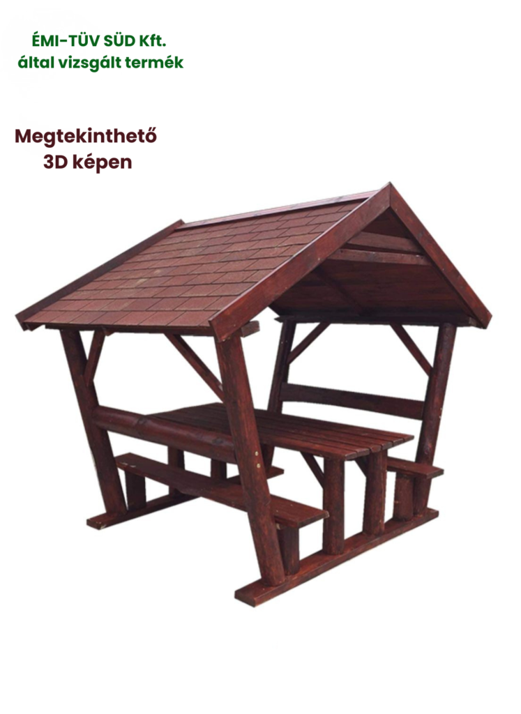Rönk oszlopos, zsindelytetős filagória, kerti kiülő, szaletli, sörpad, rönk bútor