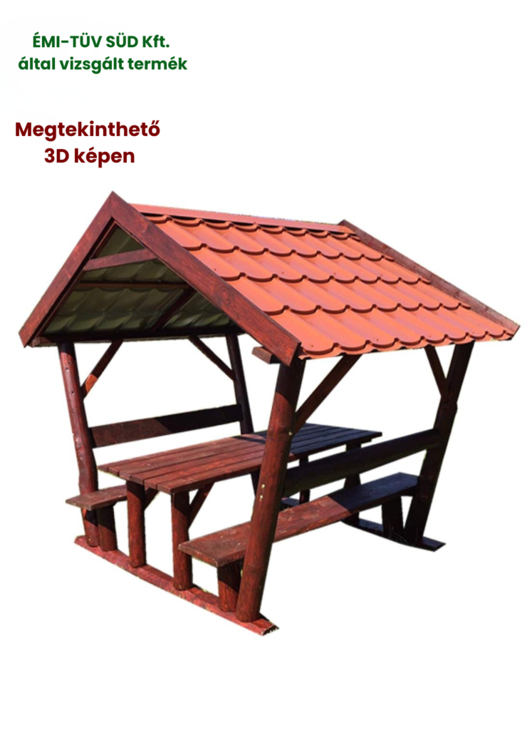 Rönk oszlopos, lemeztetős filagória, kerti kiülő, szaletli, sörpad, rönk bútor