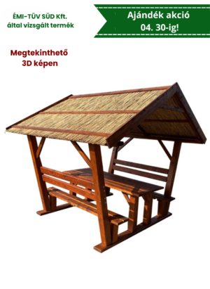 Kocka oszlopos nádtetős filagória, kerti kiülő, sörpad