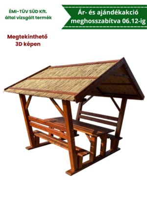 Kocka oszlopos nádtetős filagória, kerti kiülő, sörpad