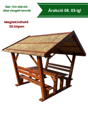 Kocka oszlopos nádtetős filagória, kerti kiülő, sörpad