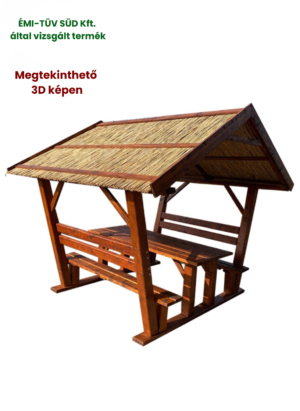 Kocka oszlopos nádtetős filagória, kerti kiülő, sörpad
