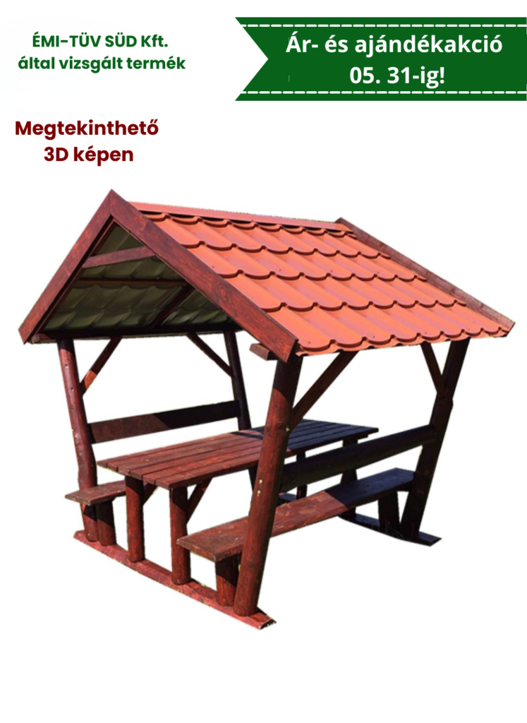 Rönk oszlopos, lemeztetős filagória, kerti kiülő, szaletli, sörpad, rönk bútor