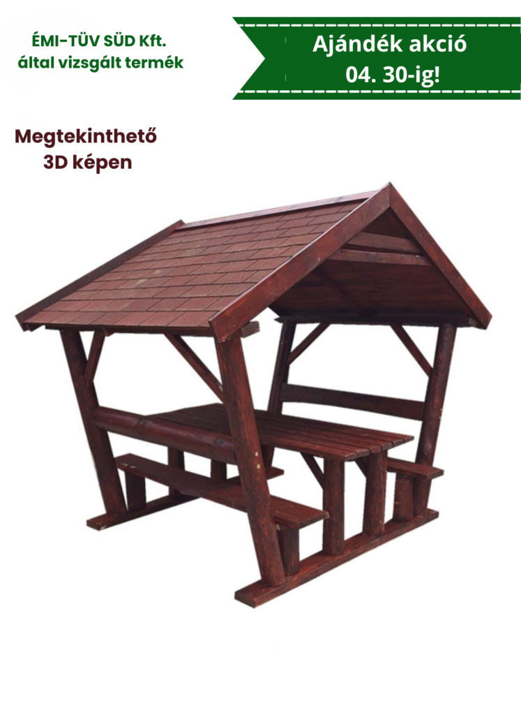 Rönk oszlopos, zsindelytetős filagória, kerti kiülő, szaletli, sörpad, rönk bútor