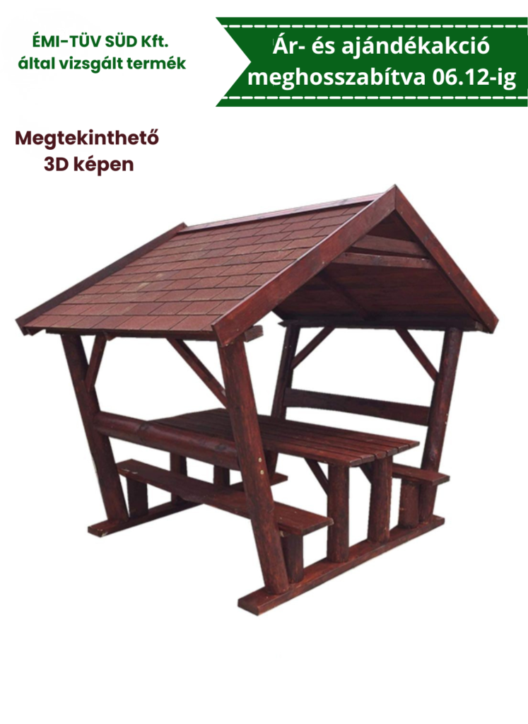 Rönk oszlopos, zsindelytetős filagória, kerti kiülő, szaletli, sörpad, rönk bútor