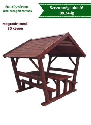 Rönk oszlopos, zsindelytetős filagória, kerti kiülő, szaletli, sörpad, rönk bútor