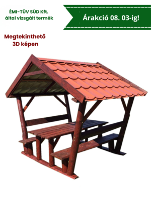 Rönk oszlopos, lemeztetős filagória, kerti kiülő, szaletli, sörpad, rönk bútor