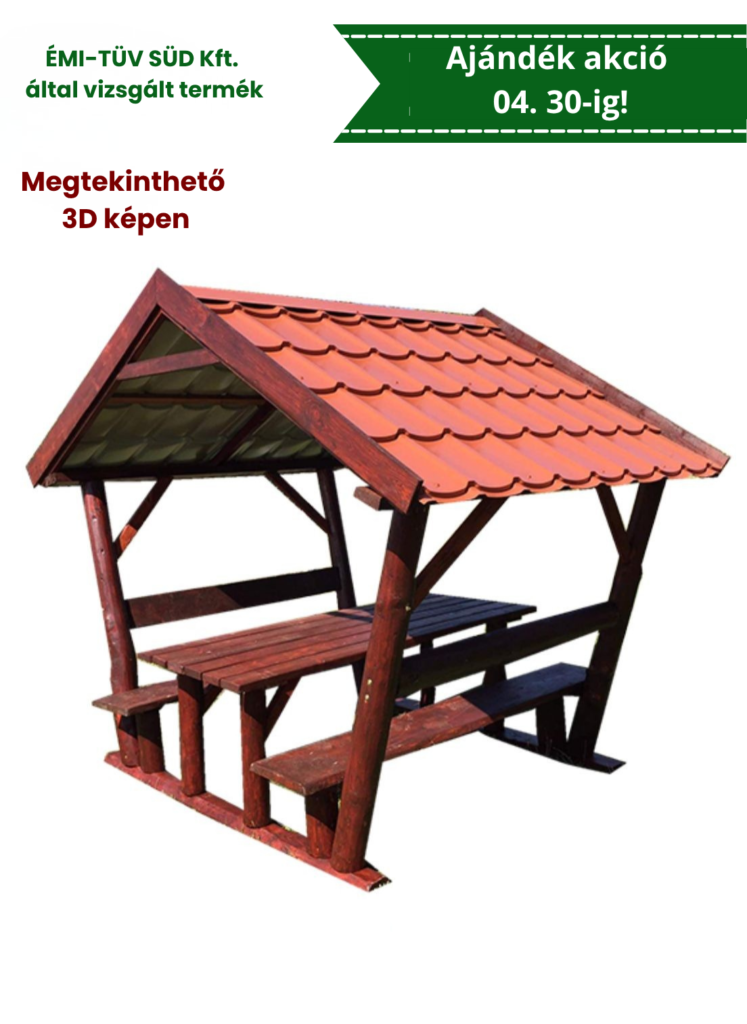 Rönk oszlopos, lemeztetős filagória, kerti kiülő, szaletli, sörpad, rönk bútor