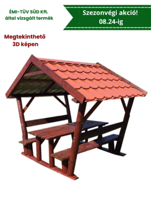 Rönk oszlopos, lemeztetős filagória, kerti kiülő, szaletli, sörpad, rönk bútor